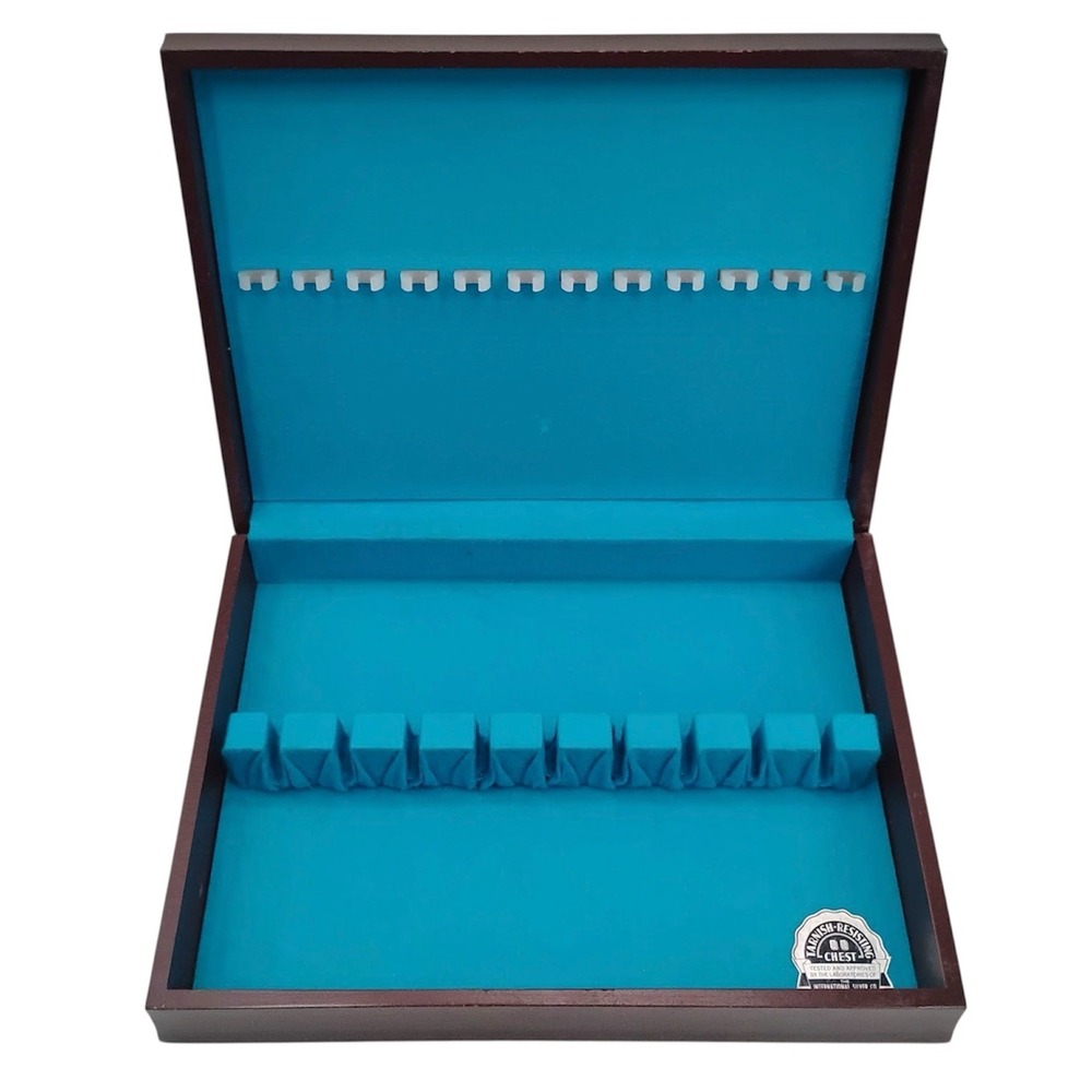 International Silver Co Wood Flatware Chest Turquoise Blue Tarnish Resistant